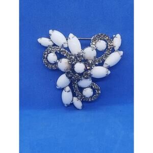 Vintage Milk Glass Rhinestone Brooch Pin White Navette Floral Swirl 1950s